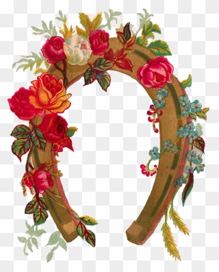 This Is A Lovely Horseshoe Graphic From A Vintage Greeting - Horseshoe And Flowers Drawing Clipart