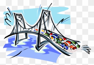 Vector Illustration Of Suspension Bridge In Rush Hour - Cars On A Bridge Clipart - Png Download