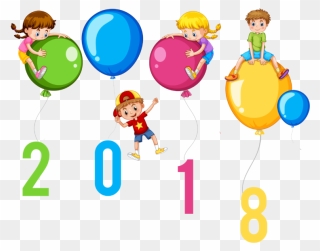 Happy New Year 2018 Kids With Balloons Clip Art Image - Children With Colorful Balloons - Png Download