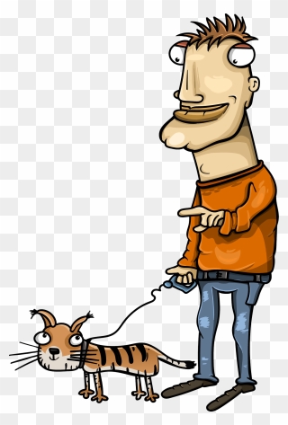 Man With Cat On A Walk Clipart - Cartoon Man With Tiger - Png Download