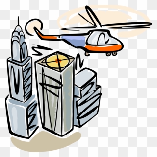 Vector Illustration Of Helicopter Aircraft Flies Over - Cartoon Helicopter New York Clipart