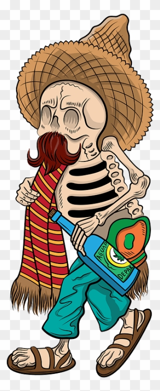 Esqueleto Con Poncho Y Sombrero Del Día De Los Muertos - Cartoon Clipart