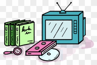 A Drawn Image Of A Tv, Three Books, Vhs Tape, Cd, And Clipart