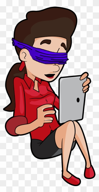 A Woman Wearing A Blindfold Is Trying To Use An Ipad - Cartoon Clipart