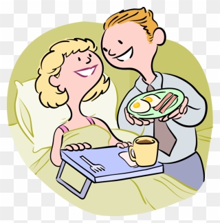 Vector Illustration Of Husband Serves Wife Bacon And - Husband Serving Wife Breakfast In Bed Clipart