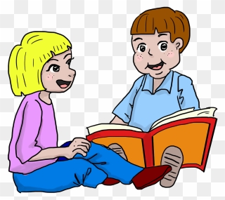 Schoolkids Reading A Book Clipart - Membaca Buku Kartun Png Transparent Png