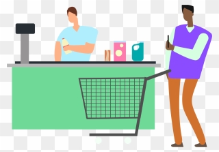 Man Looking At Budget App On Phone At Grocery Store - Illustration Clipart