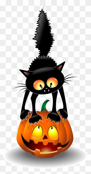 Black Cat Halloween Clip Art - Cartoon Cat Halloween Png Transparent Png