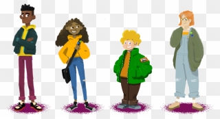 An Illustration Of Two Young Girls And Boys Standing - Cartoon Clipart