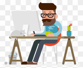 Transparent Working At Desk Clipart - Man Working On Computer Png