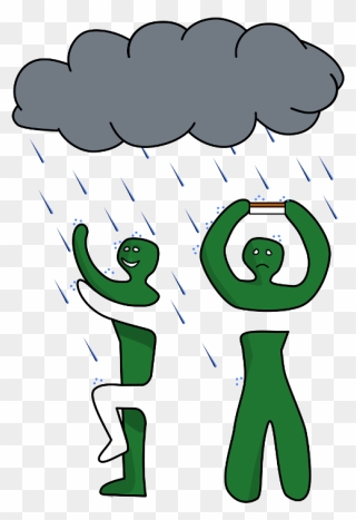Two Children In The Rain, One Is Playing, One Is Sad - Cartoon Clipart