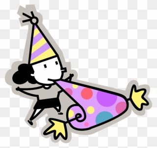 Vector Illustration Of Birthday Girl In Party Hat Blows - Cartoon Blowing Noisemaker Clipart