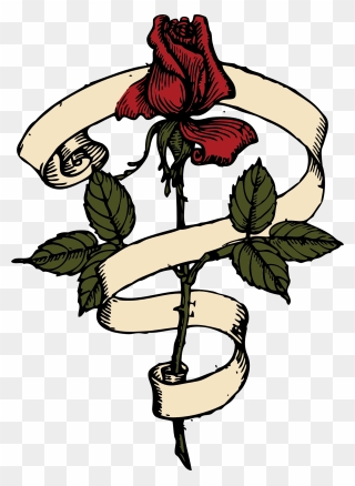 Rose With Scroll Vector Drawing - Rose With Ribbon Around Clipart