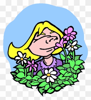 Drawing Of Blond Girl Smelling Pink And White Flowers Clipart