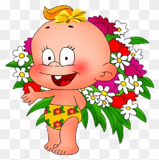 Funny Flower Clipart Image Library Download Cute Baby - Baby With Flowers Cartoon - Png Download