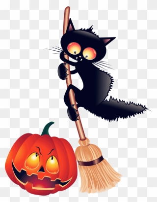 Vintage Black Cat Halloween Clipart Image Transparent - Halloween Witch On A Broom - Png Download