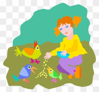 Vector Illustration Of Young Girl Feeding Birds - Girl Feeding Bird Vector Clipart