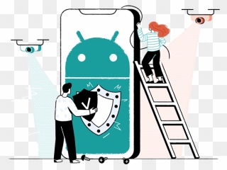 Android Logo On A Phone With Two Characters Installing - Cartoon Clipart