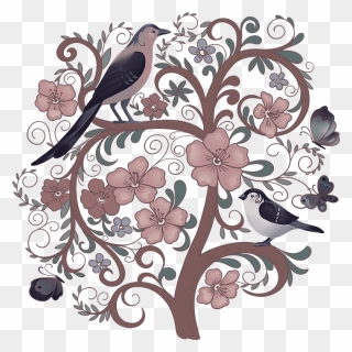 Birds On A Flowering Tree Clipart - Wallpaper - Png Download