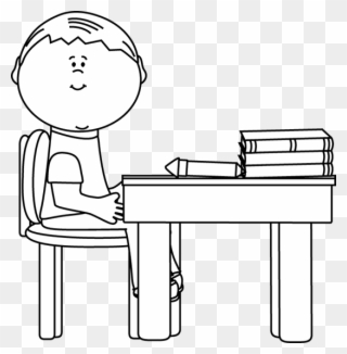 Black And White School Boy At Desk Clip Art - Sitting At A Desk Black And White - Png Download