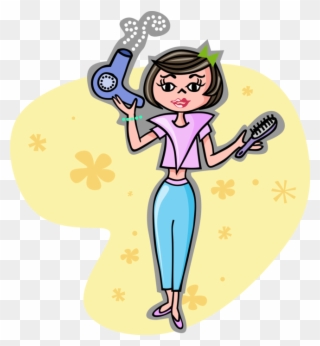 Vector Illustration Of Young Woman With Hair Dryer - Cartoon Blow Dryer Clipart