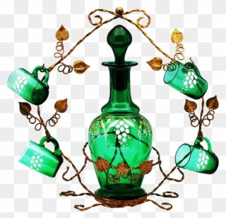 Antique French Emerald Green Glass Liquor Set, Decanter - Glass Clipart