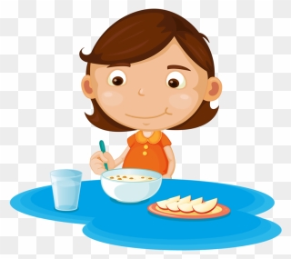 Girl Eating Cereal And Fruit - Girl Eating Breakfast Clipart