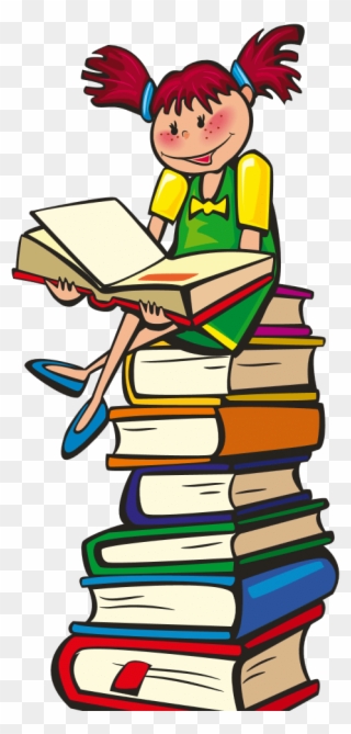 Drawing Of Child Sitting On Stack Of Books - Reading Clipart - Png Download