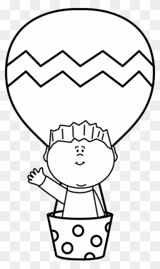 Black And White Boy In A Hot Air Balloon - Hot Air Balloon Black And White Clipart