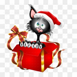 Christmas Gift Kitten Full Color Decal, Kitten Full - Funny Cat Cartoon On Christmas Gift Card Clipart
