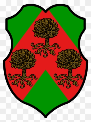 Vert, Over A Chevron Gules Three Oak Tree Eradicateds Clipart