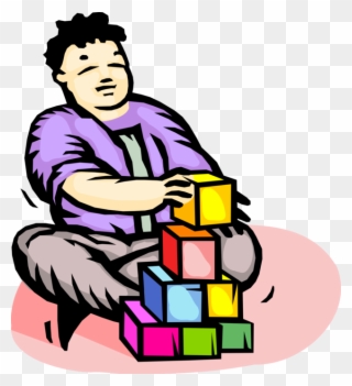 Vector Illustration Of Child Plays With Building Blocks - Illustration Clipart
