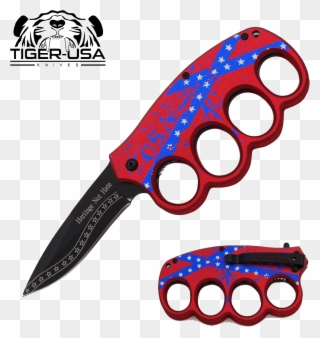 8 Inch Csa Rebel Flag Trigger Action Trench Knife, - Brass Knuckles Knife Clipart